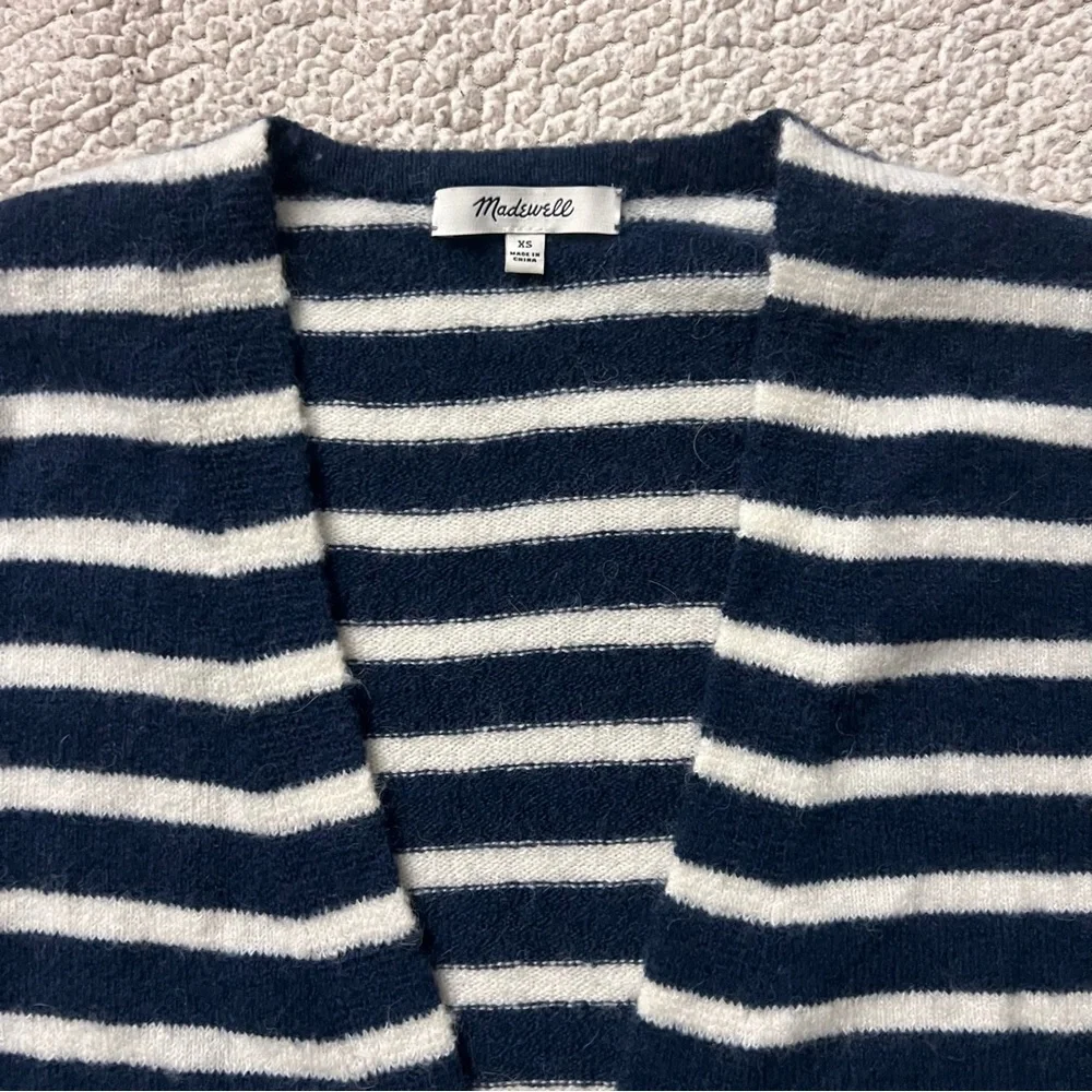 Madewell Wool Blend Dark Nightfall Striped Cardigan Sweater Navy Blue White XS